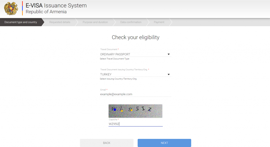 Ermenistan e-vize sistemi ilk sayfa